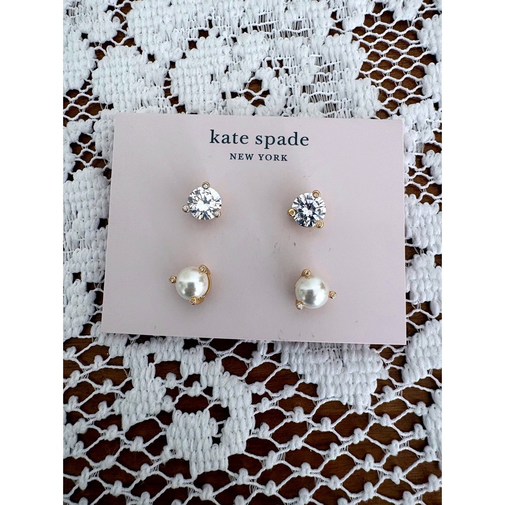 Kate Spade Women Earrings Rise and Shine Stud Set Gold Clear Pearl 2 Pairs NWOB